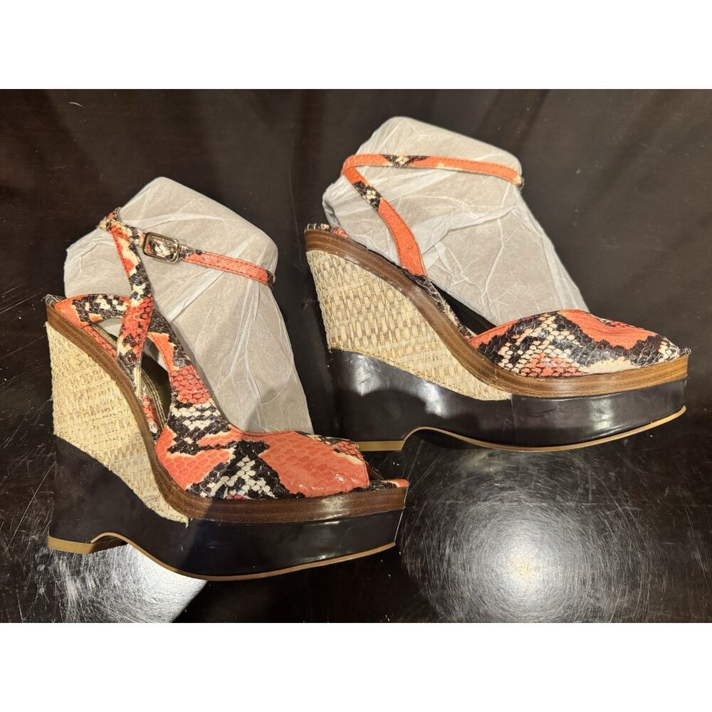 Vintage bebe Snake And Woven Ankle Strap Platform Wedge Sandals 9 Fits 39/ 8.5